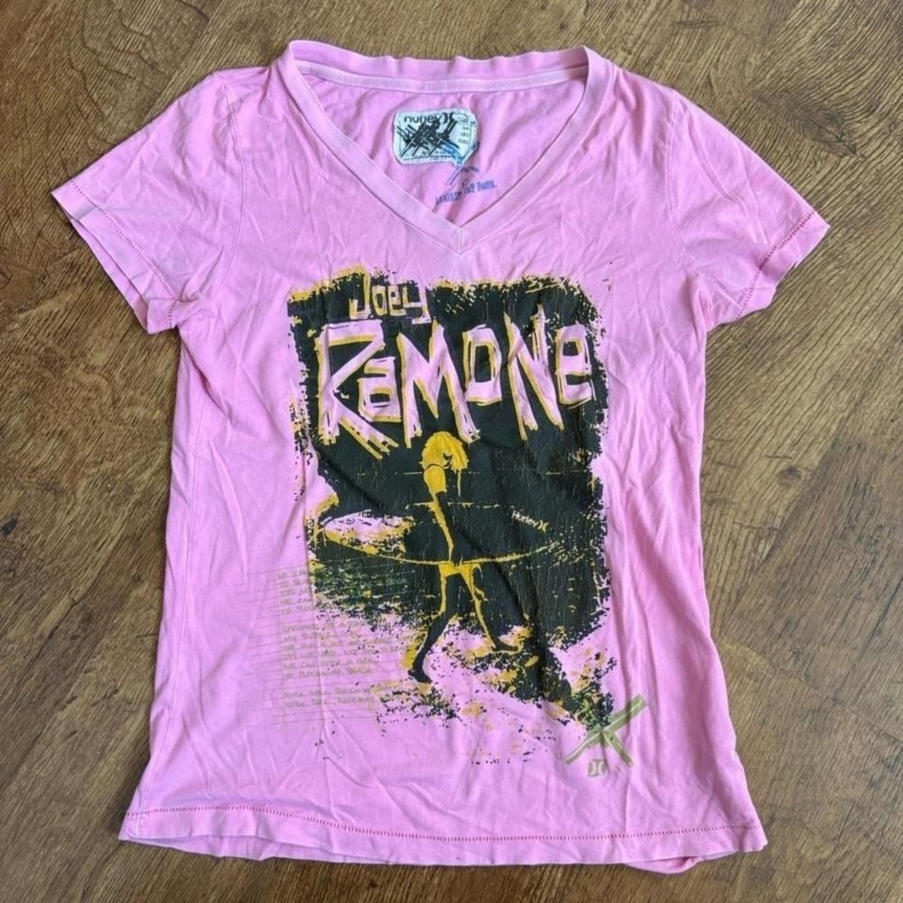 Pink faded Hurley Joey Ramon graphic shirt. punk, surfer, grunge, band tee